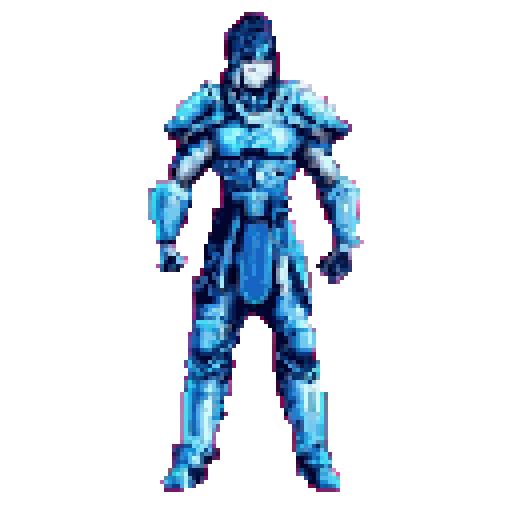 Fully armored figure in blue and light blue standing upright with arms at sides against a magenta background.