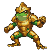 A green frog warrior in golden armor, in a dynamic fighting stance.