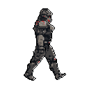 Heavily armored soldier walking right, with red accents on armor.
