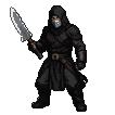 A shadowy ninja in a fighting stance, holding a broad blade, with glowing eyes.