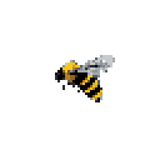 A pixelated bee, striped in black and yellow, buzzes across the frame in mid-flight. The simple design and limited color palette capture the essence of this familiar insect.