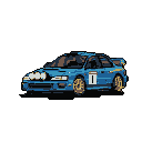 Electric blue rally car, resembling a late 1990s Subaru Impreza WRX, shown in side profile. Features include gold multi-spoke wheels, prominent front rally lights, a white number plate with a black "1" on the driver's door, and yellow sponsor decals. The car is centered against a plain light grey background.
