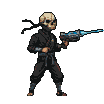 A menacing figure in dark tactical gear and a skull mask aims a futuristic laser rifle emitting a vibrant, pulsing beam.