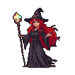 A witch with flowing red hair, wearing a pointed hat and dark robe, holds a staff with a glowing orb in her left hand and extends her right hand.