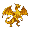 A golden dragon on hind legs with wings spread, roaring ferociously.