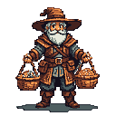 A stout, elderly male merchant in a full-body view, facing forward. He wears a brown conical hat, a dark tunic, a brown vest with buckles, and knee-high boots. He has a bushy white beard and mustache. In each hand, he holds a woven basket overflowing with yellow-orange gold coins. The background is dark.