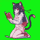Stylized female character with cat ears and tail, kneeling and reading a red book. She has light pink skin, dark grey hair with purple highlights, a white long-sleeved shirt with a red design, and light pink shorts. The background is solid lime green.