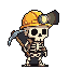 Skeleton miner with yellow hard hat and glowing headlamp, holding a pickaxe.