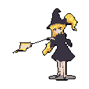 Young witch character with blonde hair and a glowing staff, posed in front of a dark purple-grey background.