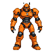 A bipedal robot with bright orange armor and dark gray accents stands in an assertive pose, its head tilted and chest plate shifted.