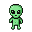 Luminous green alien with large, dark eyes, in various animated poses: standing, walking, arms raised in surprise, and returning to standing.