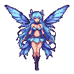 A pixie with light blue hair and iridescent wings salutes with outstretched arms.