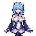 Waist-up portrait of a serene anime-style maid with blue hair and eyes, wearing a dark blue dress with white accents, against a dark purple background.