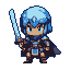 Warrior with blue hair and glowing sword running.