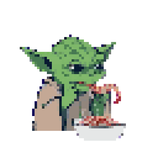 This pixel art captures a humorous moment, depicting Yoda engrossed in eating a bowl of shrimp. The wise Jedi Master is shown enjoying his meal, creating a surprisingly relatable and slightly absurd scene.