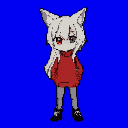 Chibi fox-girl with light grey fur, wearing an oversized red sweater and grey pants, standing with hands in pockets. Her left eye is red, and her right eye is dark grey. The background is solid blue.