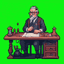 A pixel art image shows an elderly gentleman with a mustache and goatee, dressed in formal attire, intently working at a large wooden desk cluttered with tailoring tools and colorful embellishments. The image evokes a sense of quiet craftsmanship and dedication.