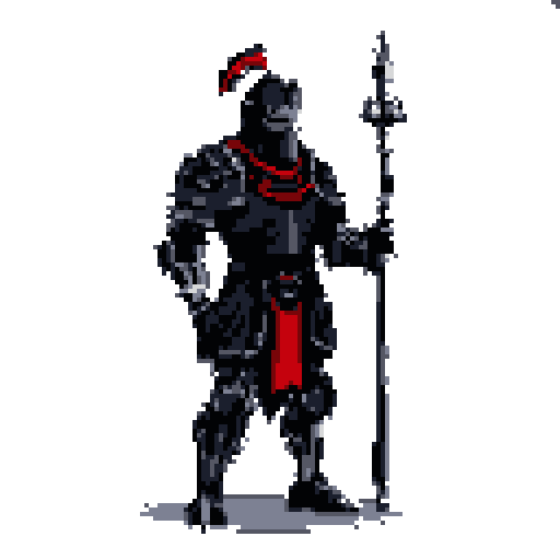 A heavily armored knight or soldier in dark armor with red accents, holding a polearm upright beside them.