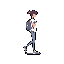 This pixel art depicts a young figure with dark hair in a bun, dressed casually in white and light blue, arms crossed in a moment of quiet observation. The simple design and muted palette evoke a retro, slightly melancholic feel.