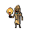 A bandaged mummy figure, facing forward, clutches a glowing reddish-orange circular object in its raised right hand.