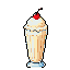 Pixel art: vanilla milkshake with cherry, orange juice with ice and straw, dark soda in pint glass, steaming coffee mug, and green lime soda bottle.