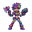 Pixel art character in mid-dance, wearing a colorful outfit with armor, wielding a stylized axe and a futuristic blaster, with spiky rainbow hair and a cheerful grin.