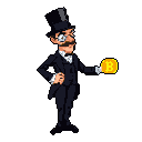 A pixel art gentleman in formal attire smugly presents a Bitcoin, his top hat and monocle adding a touch of old-fashioned satire. The figure's confident pose and bright yellow coin against a dark backdrop draw immediate attention.