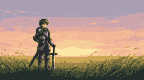 Pixel Art: A peaceful lofi-style illustration of a lone knight standing...