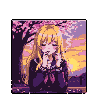 Young woman with blonde hair in a dark school uniform, hands clasped near her face, looks down shyly. She is surrounded by soft, pixelated cherry blossoms against a hazy sunset of purple, pink, and orange.