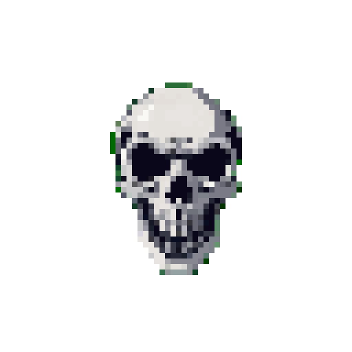 A grayscale pixel art human skull, tilted slightly upward, with dark eye sockets and nasal cavity, and white square teeth, set against a solid bright green background.