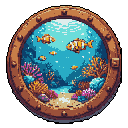Glimpse a vibrant underwater world through a porthole, showcasing a lively coral reef where clownfish serenely swim. The pixel art captures the beauty and tranquility of marine life in a circular frame.