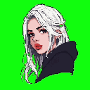 This pixel art portrait captures a stylish young woman with a serene yet alluring gaze, her striking features emphasized against a vibrant green background. Her platinum blonde hair and bold red lips create a captivating contrast, lending a modern edge to the retro aesthetic.