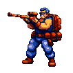 Soldier in blue pants and brown sleeveless top, with a red backpack and bandolier, running forward with a rifle aimed.