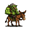 A green-skinned troll with a leather vest rides a brown donkey.