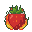 A red strawberry with green leaves is engulfed in flickering flames.