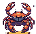 Reddish-brown pixelated crab with large claws scuttling on a sandy yellow-orange surface against a dark, abstract background with scattered gray pixels.