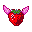 A stylized strawberry with deep red and maroon coloring, green leaves, a blueish-grey stem, and small white seeds, featuring two prominent, pointed pink wings extending from its sides, against a solid black background.