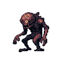 This pixel art depicts a grotesque, hunched humanoid monster with a gaping maw and diseased markings, radiating a menacing aura. Its gaunt frame and aggressive posture suggest a creature of nightmare.