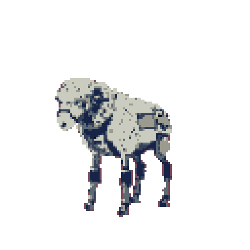 A mechanical sheep with gray and white woolly body, metallic limbs, and rectangular feet, standing centrally against a solid deep rose background.