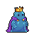 A blue slime creature wearing a golden crown and a purple cape, with animated poses suggesting playful authority.