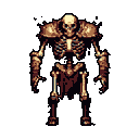 A pixelated skeletal warrior, clad in decaying armor, stands ready for battle, radiating an ominous aura of ancient, undead danger.