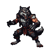 Muscular werewolf with dark fur, sharp teeth, and piercing red eyes, poised to strike with its right paw.