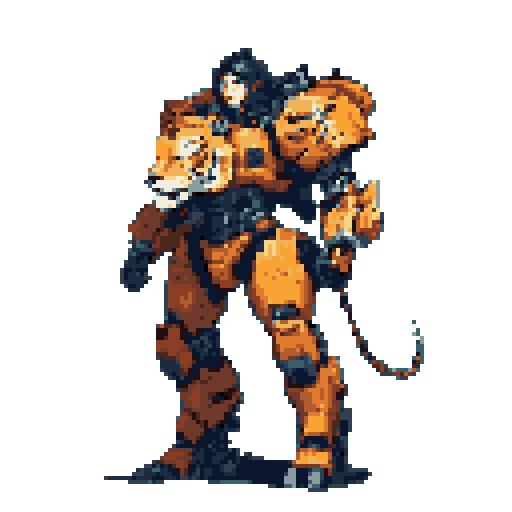 A pixel art image features a female character clad in a striking orange and black robotic suit of armor stylized with tiger elements, including stripes and a robotic tail. The centered composition and alert pose convey a sense of futuristic readiness.