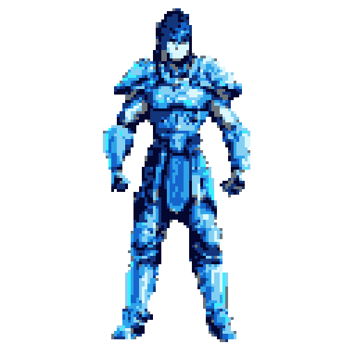 A humanoid figure in ornate, magical blue armor stands centered against a solid gray background.