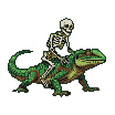 Skeletal rider on a green gecko.
