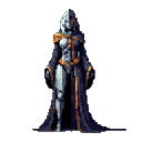 A metallic grey humanoid figure in a dark, gold-trimmed robe stands centrally, its face obscured by a hood.