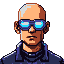 Stoic, bald individual with futuristic blue-tinted glasses, subtly shifting gaze.