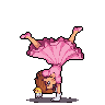 Princess in a pink gown and white gloves breakdancing, in a handstand with one leg extended.