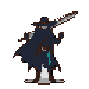 This pixel art image features a cloaked swordsman in a dynamic pose, ready for action with a sheathed sword and a mysterious air. The muted color palette and retro style enhance the character's enigmatic presence.