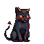 Stylized black cat with orange-red eyes, horns, and a flaming tail tip, crouched with a fierce, grumpy expression against a muted purplish-gray background.
